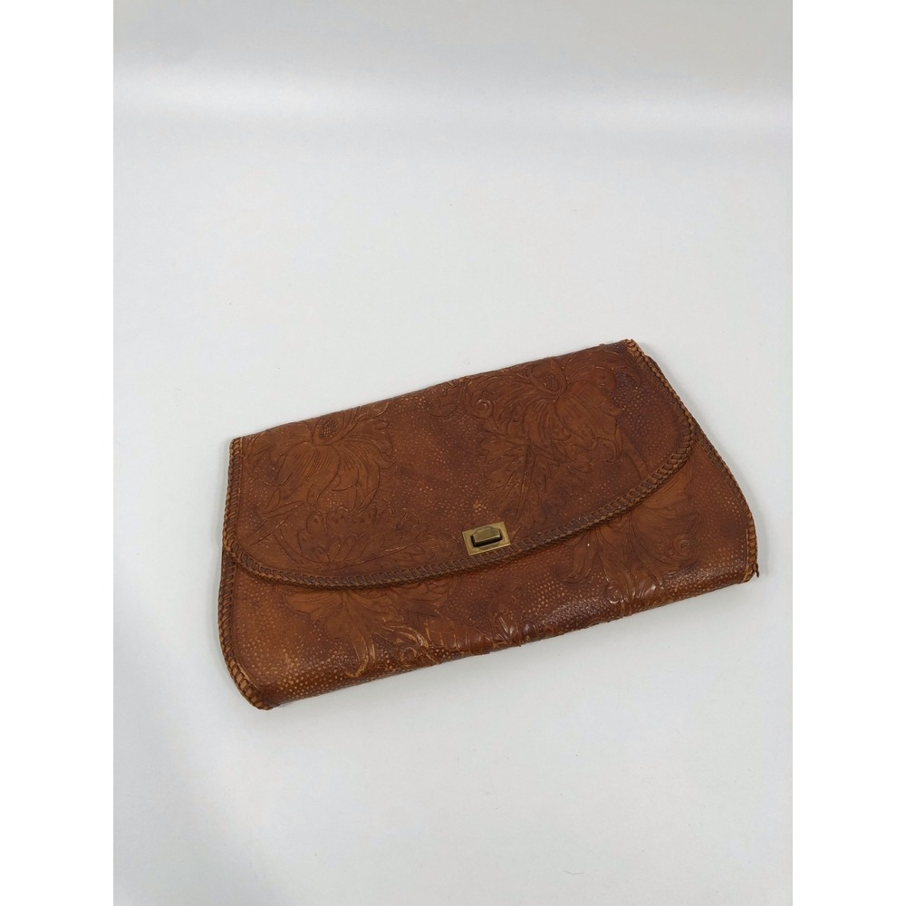 VTG Genuine Leather Floral Embossed Clutch Bag Purse Brown Western Boho Chic
